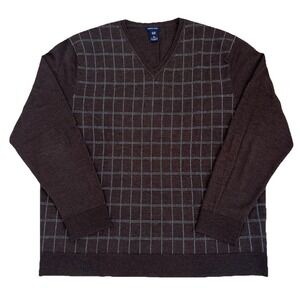 VINTAGE GAP KNIT JUMPER V Neck Brown Blue Checks 100% Merino Wool SIZE XXL
